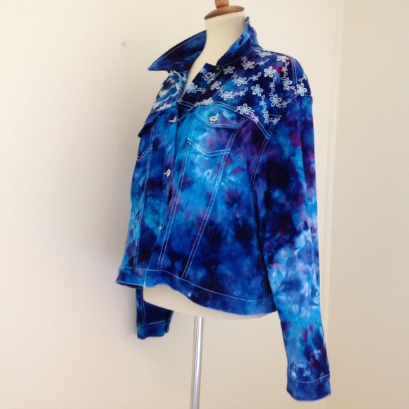 Tie Dye Jean Jacket ice dyed denim blues Handmade - Picture 3 of 16